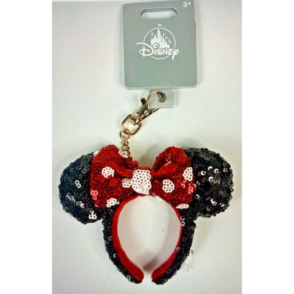 2026 Disney Parks Sequin Minnie Mouse Ears Headband Bag Charm Keychain